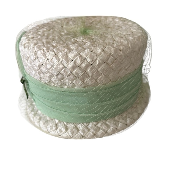 Woven Straw/Netting Cloche  Hat Bucket Style Green Ribbon 8 in Church Easter - Picture 7 of 9